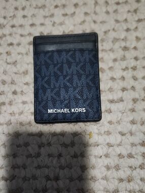 Michael Kors Navy MK Logo Card Holder with Silver Logo